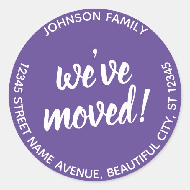 Sticker Rond Moderne Nous avons déménagé Violet Violet Nouveau  (Devant)
