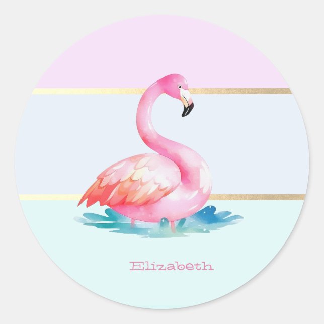 Sticker Rond Moderne Pastel rayé, Flamants roses roses (Devant)