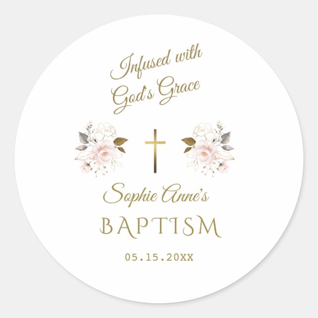 Sticker Rond Moderne Pink Or Floral Calligraphie Girl Baptême (Devant)
