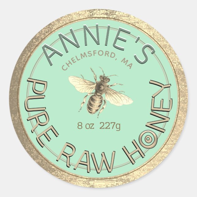Sticker Rond Moderne Pure Miel Abeille Or Frame Bleu Cyan (Devant)