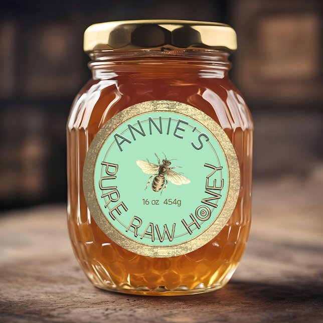 Sticker Rond Moderne Pure Miel Abeille Or Frame Bleu Cyan (Créateur téléchargé)