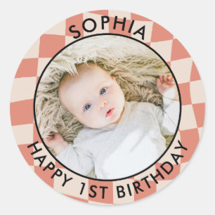 Sticker Rond Moderne Retro Happy 1er Anniversaire Vérification