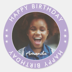 Sticker Rond Moderne Simple Violet Enfants Joyeux Photo Anniver