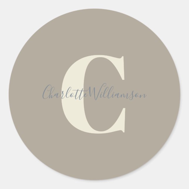 Sticker Rond Moderne Stylish Calligraphie Monogramme Nom Taupe (Devant)