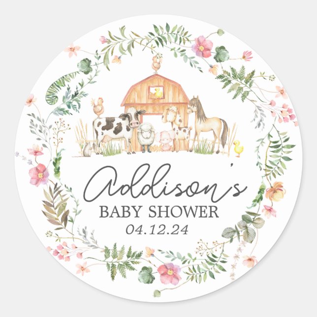 Sticker Rond Moderne sur le Baby shower agricole Invitation Cla (Devant)