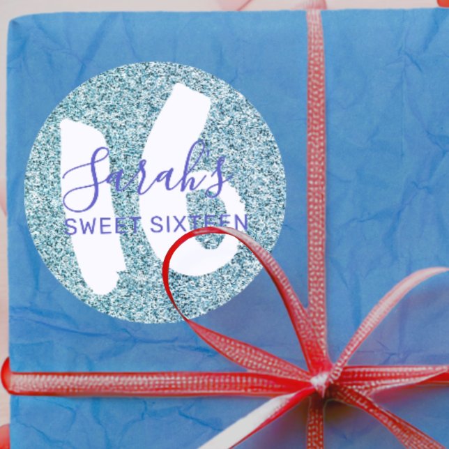 Sticker Rond Moderne Sweet 16 Blue Sparkling Parties scintillan (Créateur téléchargé)