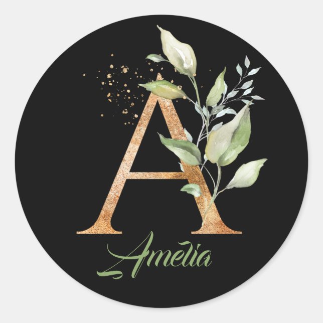 Sticker Rond Moderne tendance Un monogramme vert et doré noir (Devant)