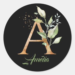 Sticker Rond Moderne tendance Un monogramme vert et doré noir