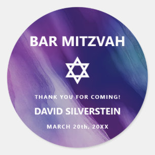 Sticker Rond Moderne violet bleu étoile David Bar Mitzvah hébre