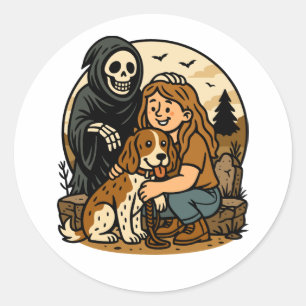 Sticker Rond Moissonneur sinistre avec une fille et un chien sq