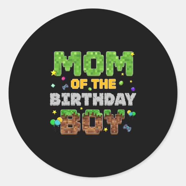 Sticker Rond Mom Of The Birthday Boy Pixel Gamer Party Matching (Devant)