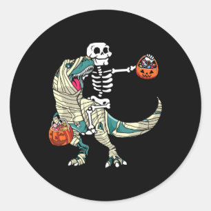 Sticker Rond Momie à cheval sur un squelette Dinosaure T Rex Ha