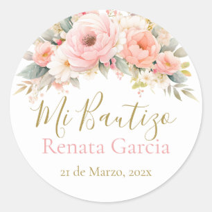 Sticker Rond Mon Baptême fleurs roses
