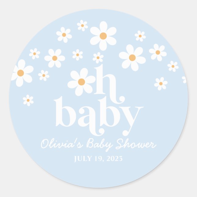 Sticker Rond Mon bébé ! Baby shower de bouho bleu Retro Daisy (Devant)