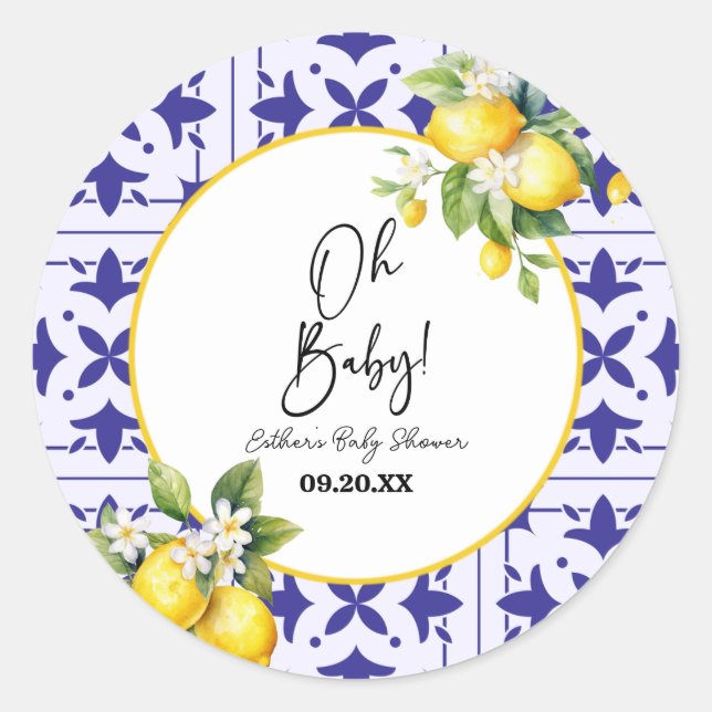 Sticker Rond Mon bébé ! Carrelage bleu méditerranéen Baby showe (Devant)
