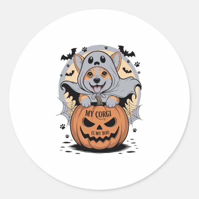 Sticker Rond Mon Corgi est mon Boo Halloween (Devant)