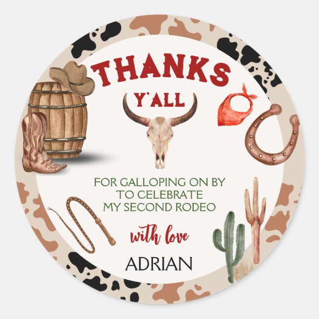 Sticker Rond Mon deuxième Rodeo Party Cowboy Anniversaire (Devant)
