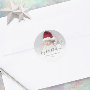 Sticker Rond Mon premier Noël Baby Photo Overlay Nom