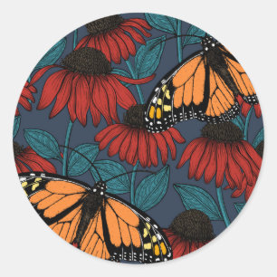 Sticker Rond Monarch butterfly on red coneflowers