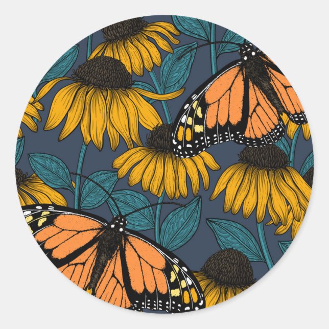 Sticker Rond Monarch butterfly on yellow coneflowers (Devant)
