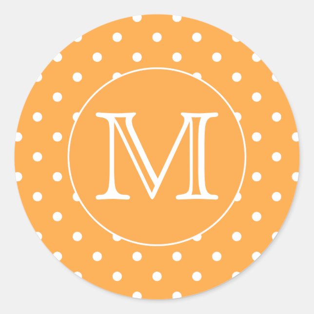 Sticker Rond Mongram de Custom. Orange et blanc Polka Dot. (Devant)