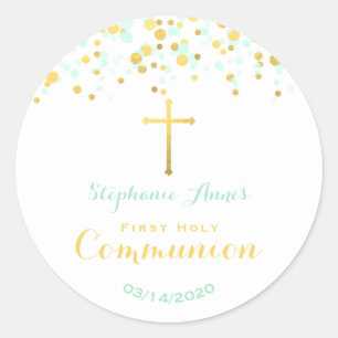 Sticker Rond Monnaie Communion et Confetti Or