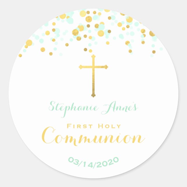 Sticker Rond Monnaie Communion et Confetti Or (Devant)