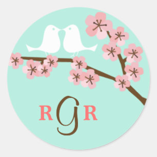 Sticker Rond Monnaie verte et rose cerisier en fleurs Mariage m