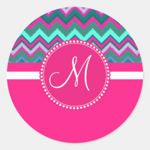 Sticker Rond Monogram Aqua Turquoise bleu rose Tribal Chevron Z