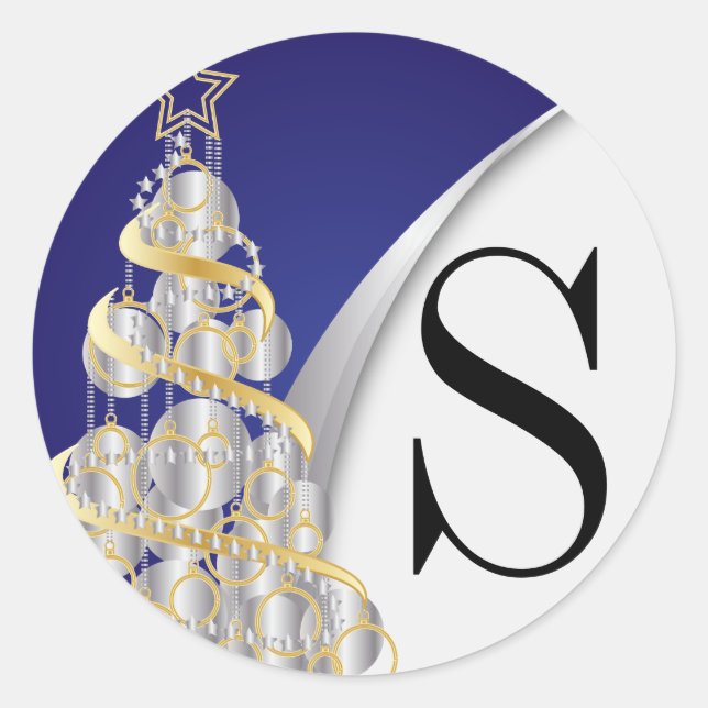 Sticker Rond Monogram Argent, Or et Bleu Joyeux Noël (Devant)