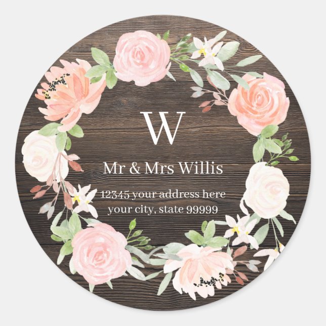 Sticker Rond Monogram Blush Rose Wooden Rustic Adresse de retou (Devant)