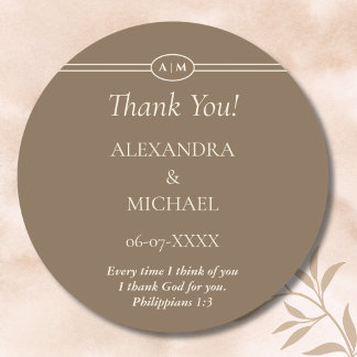Sticker Rond Monogram Cream Brown Christian Wedding Thank You
