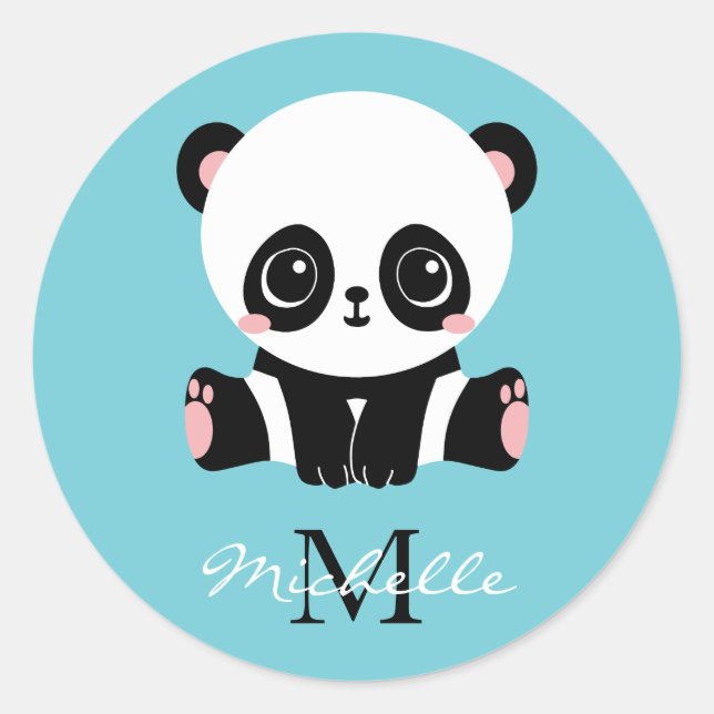 Sticker Rond Monogram Cute Panda Personnalisé Bubble Gum Bleu (Devant)