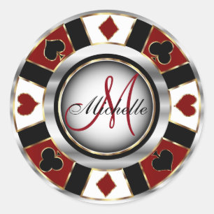 Sticker Rond Monogram Dark Red Casino Poker Chip Design