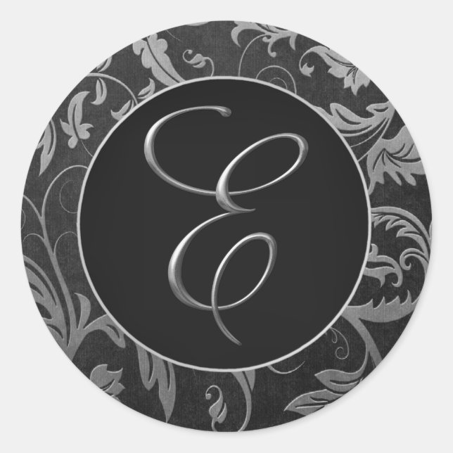 Sticker Rond Monogram E Silver et Black Mariage damassé Seal (Devant)