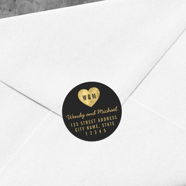 Sticker Rond Monogram Faux Gold Heart Couple Adresse de retour (Créateur téléchargé)