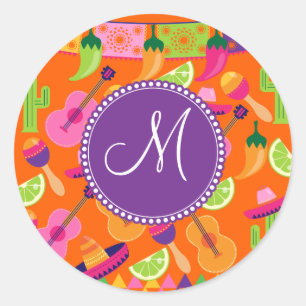 Sticker Rond Monogram Fiesta Party Sombrero Cactus Lims Poivre