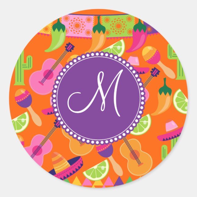 Sticker Rond Monogram Fiesta Party Sombrero Cactus Lims Poivre (Devant)