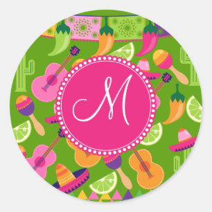 Sticker Rond Monogram Fiesta Party Sombrero Cactus Lims Poivre