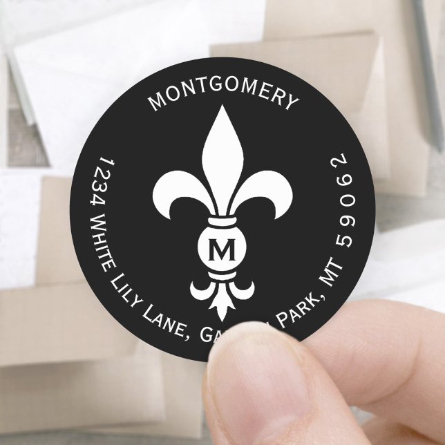 Sticker Rond Monogram Fleur De Lis Circle Retourner Adresse Éti (Créateur téléchargé)