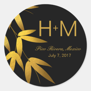 Sticker Rond Monogram Glam Bamboo Feuille Gold Foil   noir