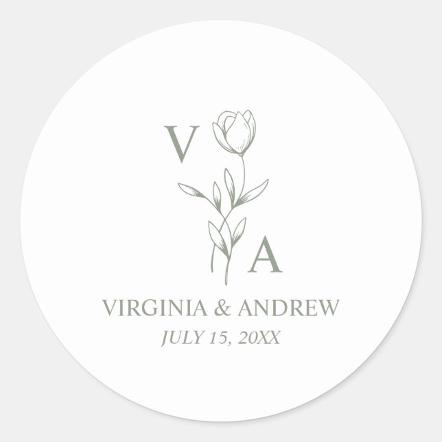 Sticker Rond Monogram Green Minimalist Boho Wedding  (Devant)