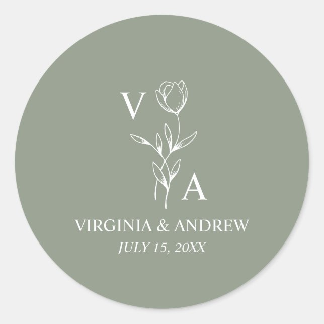 Sticker Rond Monogram Green Minimalist Boho Wedding Classic (Devant)