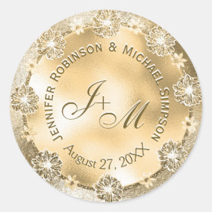 Sticker Rond Monogram Mariage Seal Gold FLowers personnalisable