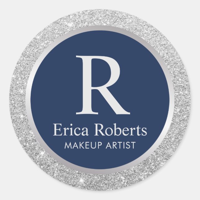 Sticker Rond Monogram Marine Bleu Élégant Parties scintillant e (Devant)