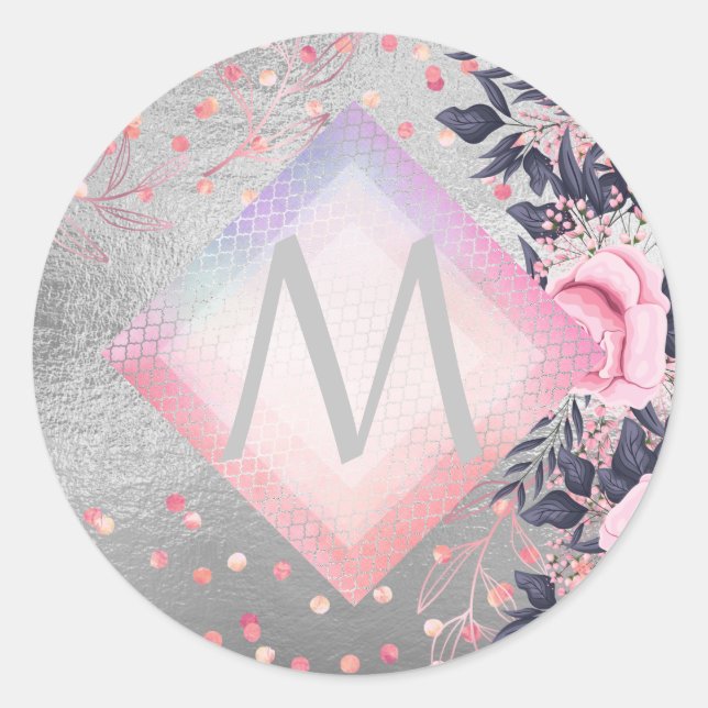 Sticker Rond Monogram Silver Navy Rosegold Girly Newlyweds Cade (Devant)