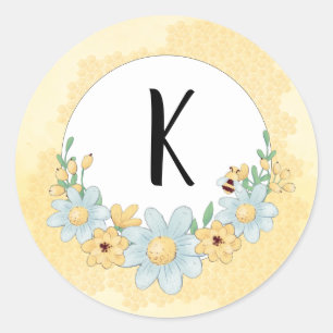 Sticker Rond Monograme de Cute Bumble Bee Yellow