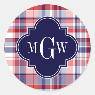 Sticker Rond Monograme de Red White Blue Preppy Madras