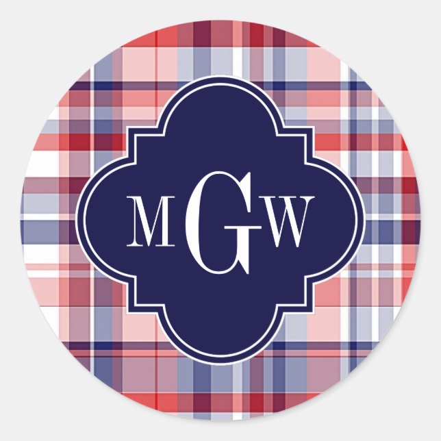 Sticker Rond Monograme de Red White Blue Preppy Madras (Devant)