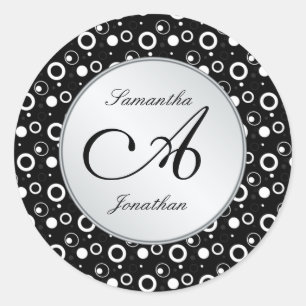 Sticker Rond Monogramme "A" noir blanc bulles cercles Mariage